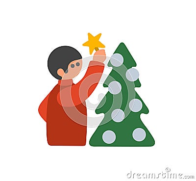 Child decorating christmas tree with golden star for the top. Vector Illustration