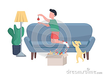 Child decorating living room for xmas semi flat color vector character Vector Illustration