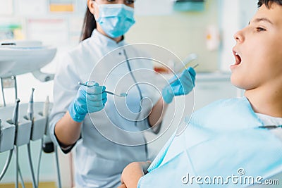 Child in dental chair, pediatric dentistry Stock Photo