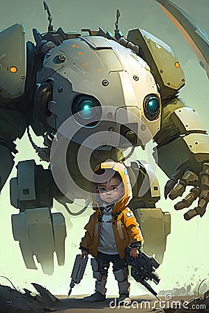 The Child of destiny through the fight, standing with life partner robot in the fantasy game virtual world Cartoon Illustration