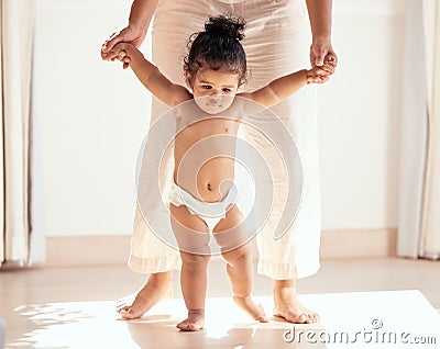 Child development, mother and teaching baby, walking and helping kid for bonding. Love, childhood and mama with toddler Stock Photo