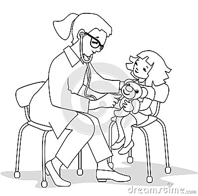 Child and doctor in black and white Vector Illustration