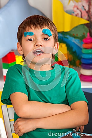 Child dough play in school. Plasticine for children. Stock Photo