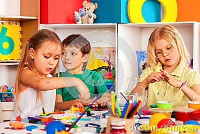 Child dough play in school. Plasticine for children. Stock Photo