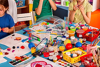 Child dough play in school. Plasticine for children. Stock Photo