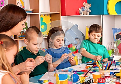 Child dough play in school. Plasticine for children. Stock Photo