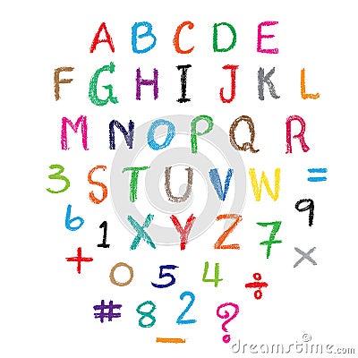 Child drawing of alphabet font made with wax crayons. Cartoon Illustration