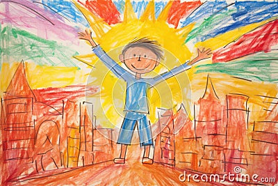 Child drawing, colorful crayons, naive style, happy boy kid in the home city illustration, Cartoon Illustration