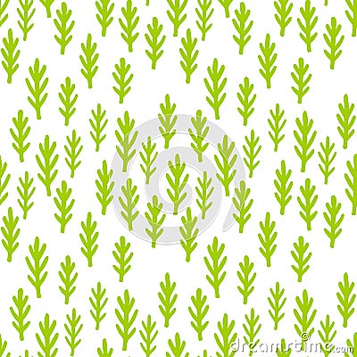 Child drawing cute plants, grass seamless pattern. Green fairy forest branches background. Wallpaper print. Stock Photo