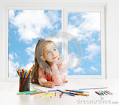 Child Drawing Dreaming Window, Creative Girl Thinking Inspiration Stock Photo