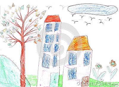 Child drawing of a family house Stock Photo