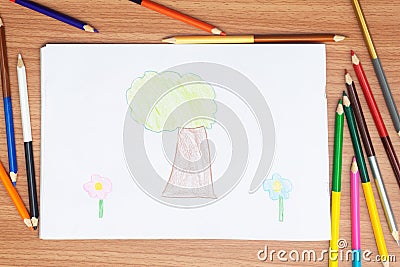 child drawing home, drawing with pencil painting picture on paper, artwork workplace Stock Photo