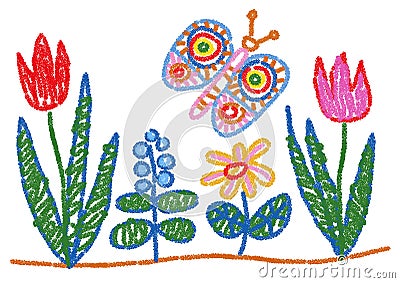 Child Drawing Styled Flowers and Butterfly Vector Illustration