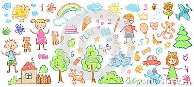 Child drawings. Kids doodle paintings, children crayon drawing and hand drawn kid vector illustration Vector Illustration