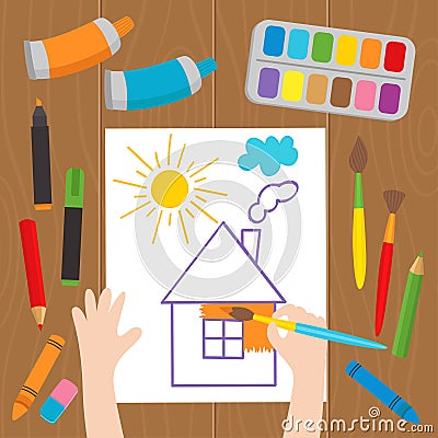 Child draws at the desk Vector Illustration