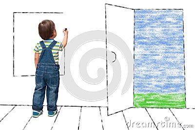 Child draws an imaginary window Stock Photo