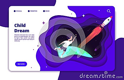 Child dreams concept. Kids imagination with space travelling boy and earth and space shuttle rocket in night sky vector Vector Illustration