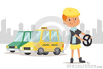 Child driver stand car, taxi on city background vector illustration. Kid chauffeur work profession, driving hobby of Vector Illustration