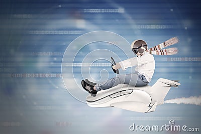 Child driving small plane inside cyberspace Stock Photo