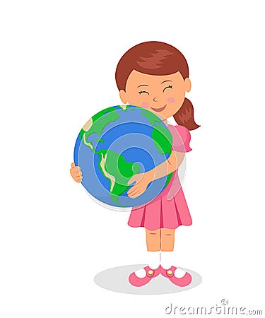 The child and the Earth: Little girl hugging the earth on a white background. The design concept of Earth Day. Vector Illustration