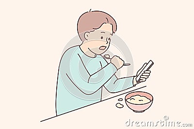 Child eat watching cartoons on cellphone Vector Illustration