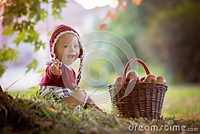 Child eating apples in a village in autumn. Little baby boy play Stock Photo