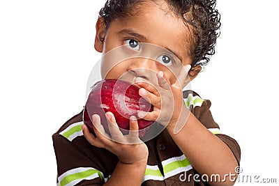 Child Eating Big Apple Stock Photo