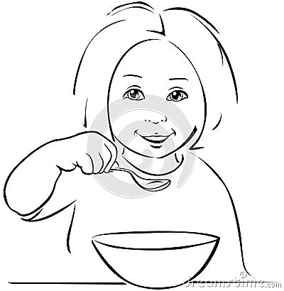 Child eating - black outline Vector Illustration