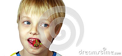 Child eating strawberries close-up. boy with strawberries isolated on white. copy space Stock Photo