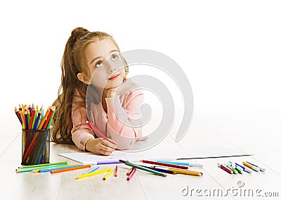 Child Education Concept, Kid Girl Drawing and Dreaming School Stock Photo