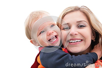 Child embraces mother Stock Photo