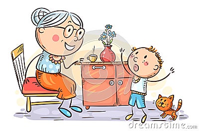 Child emotionally speaking with his granny, grandmother and kid, cartoon illustration Vector Illustration