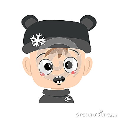Child with emotions panic, surprised face, shocked eyes in bear hat Vector Illustration