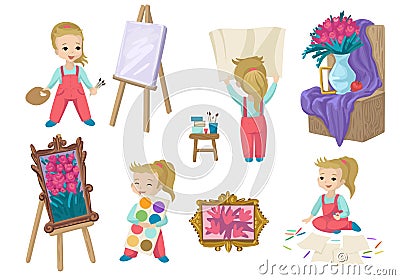 A set of painting objects. Girl in different poses, easel and still life. Vector Illustration