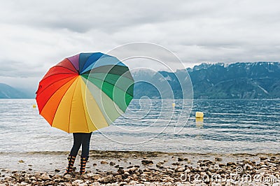 Child enjoying amazing view on Lake Geneva, Switzerland Stock Photo