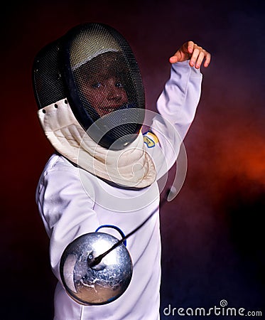 Child epee fencing lunge. Stock Photo