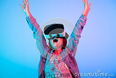 Child experimenting with virtual reality headset Stock Photo