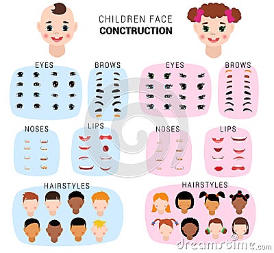 Child face constructor vector kids character of girl or boy avatar creation head lips nose and eyes illustration set of Vector Illustration