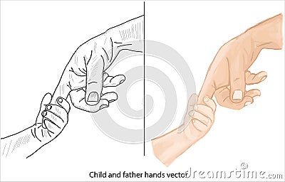 Child and father hands. Boy holding father`s fingers. Tiny hands and big hands. Father and son hand drawing vector Vector Illustration
