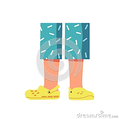 Child Feet Wear Beach Shoes and Shorts or Pajama Pants Isolated on White Background. Baby Wear Cozy Home Clothes Vector Illustration