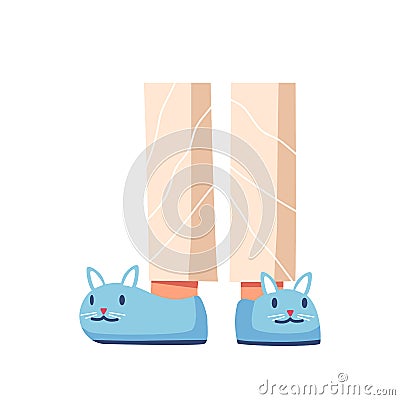 Child Feet Wear Slippers in Shape of Funny Cat. Child Legs Wear Cute Shoes and Pajama Pants Isolated on White Background Vector Illustration
