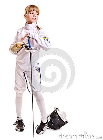 Child in fencing costume holding epee . Stock Photo