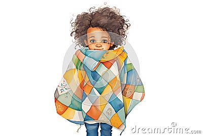 child with finished quilt draped over shoulders Stock Photo