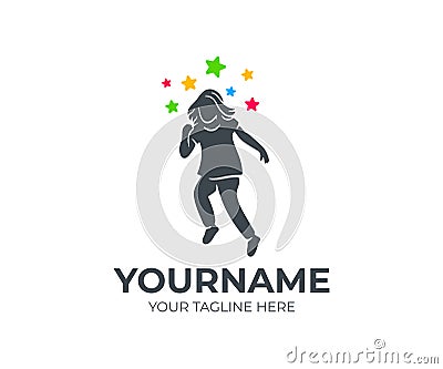 Child flies or takes off to stars, logo design. Child protection or care, foundation, school and education, vector design Vector Illustration