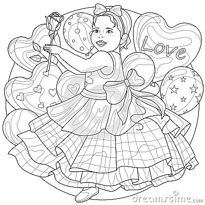 Child with a flower in his hands and balloons.Coloring book antistress for children and adults. Vector Illustration