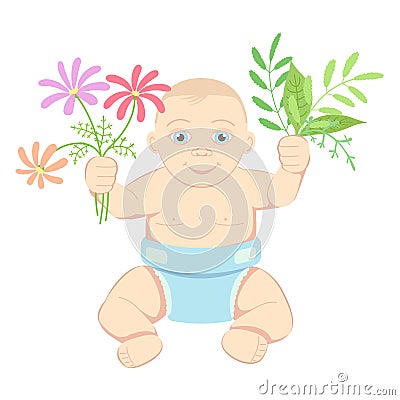 Child with flowers and leaves Vector Illustration