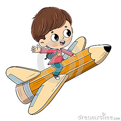 Child flying on a pencil with wings Stock Photo