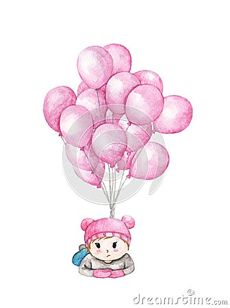 Child flying with pink balloons isolated on white background. Cartoon Illustration