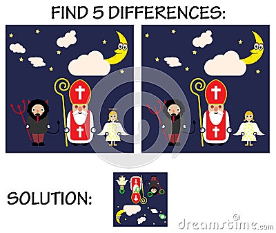 Child game - find 5 differences in pictures, with solution, Cute cartoon greeting card with Saint Nicholas, angel and devil cha. Vector Illustration