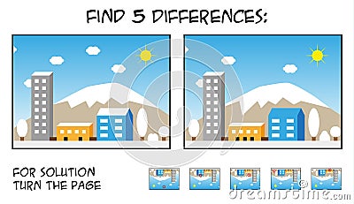 Child game - find 5 differences in pictures with city landscape Vector Illustration